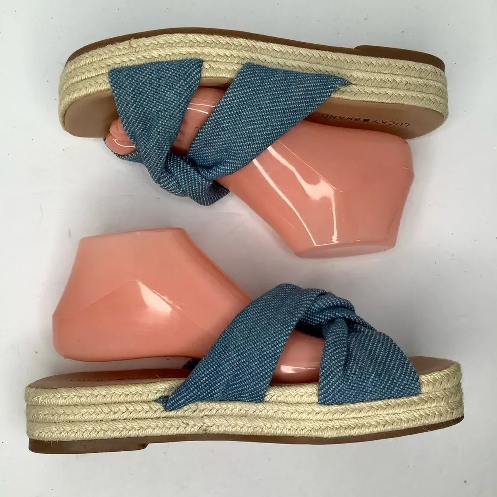Lucky Brand Espadrilles Slip On Denim Blue Twist Knot Platform Sandals Sz 9.5M